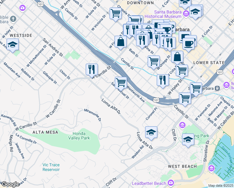 map of restaurants, bars, coffee shops, grocery stores, and more near 601 West De La Guerra Street in Santa Barbara