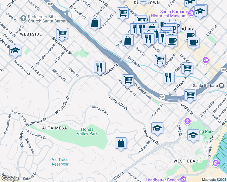 map of restaurants, bars, coffee shops, grocery stores, and more near 625 Del Monte Avenue in Santa Barbara