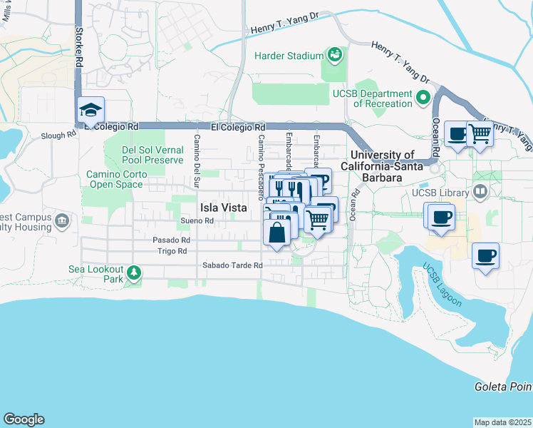 map of restaurants, bars, coffee shops, grocery stores, and more near 6608 Sueno Road in Goleta