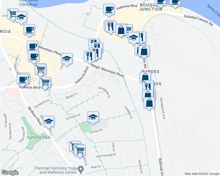 map of restaurants, bars, coffee shops, grocery stores, and more near 26066 Viento Court in Santa Clarita