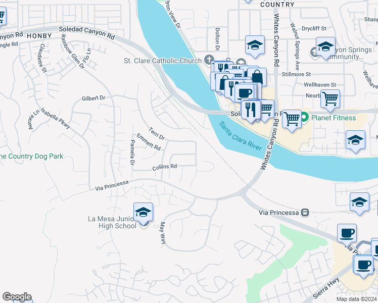 map of restaurants, bars, coffee shops, grocery stores, and more near 19715 Elizabeth Way in Santa Clarita
