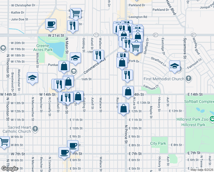 map of restaurants, bars, coffee shops, grocery stores, and more near 1425 Wallace Street in Clovis