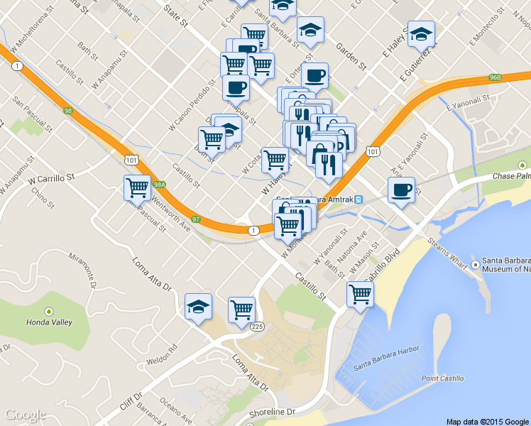 map of restaurants, bars, coffee shops, grocery stores, and more near 417 Bath Street in Santa Barbara