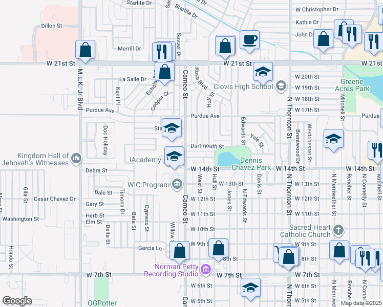 map of restaurants, bars, coffee shops, grocery stores, and more near 1404 West 15th Street in Clovis