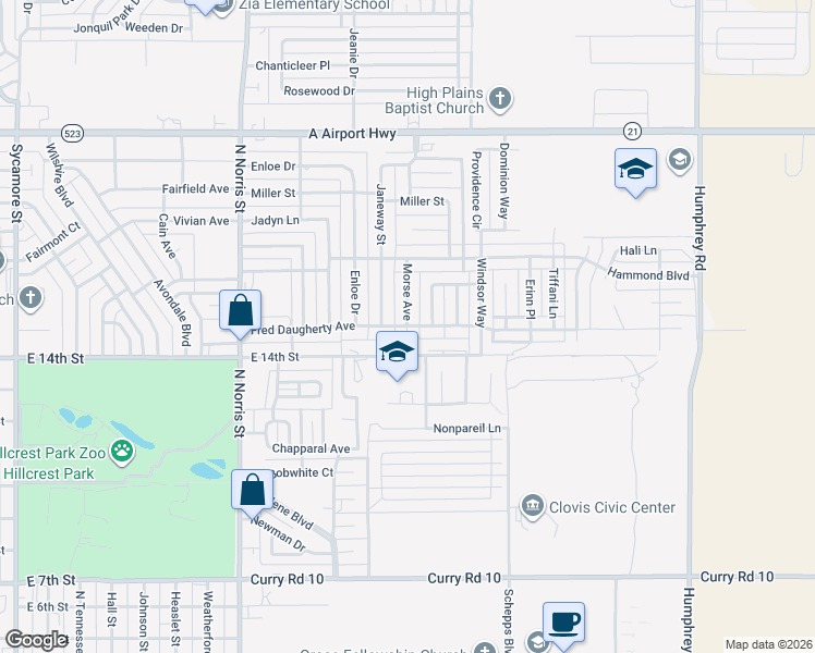 map of restaurants, bars, coffee shops, grocery stores, and more near 2527 Fred Daugherty Avenue in Clovis