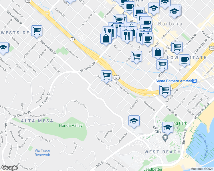 map of restaurants, bars, coffee shops, grocery stores, and more near 601 West De La Guerra Street in Santa Barbara