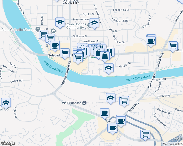map of restaurants, bars, coffee shops, grocery stores, and more near 27068 Hidaway Avenue in Santa Clarita