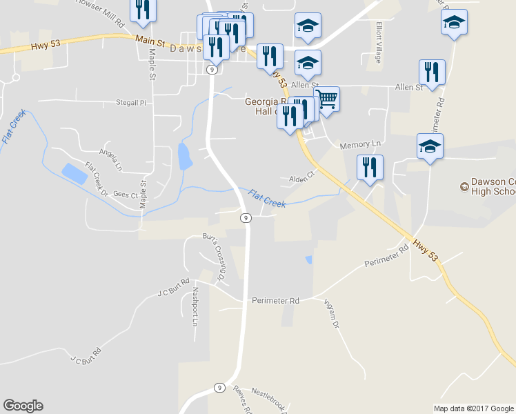 map of restaurants, bars, coffee shops, grocery stores, and more near 591 Georgia 9 in Dawsonville