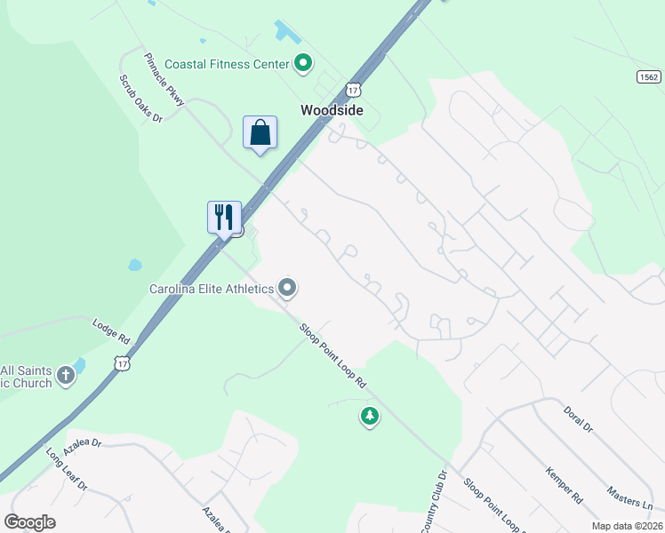 map of restaurants, bars, coffee shops, grocery stores, and more near 136 Champion Drive in Hampstead