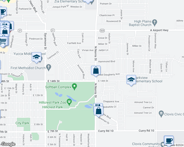 map of restaurants, bars, coffee shops, grocery stores, and more near 2120 Gladstone Street in Clovis