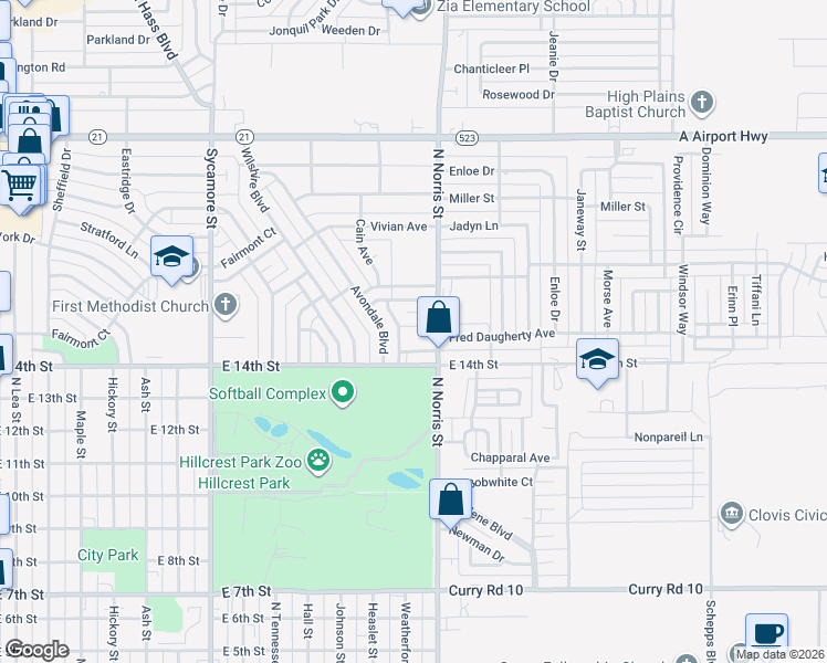 map of restaurants, bars, coffee shops, grocery stores, and more near 1413 Avondale Boulevard in Clovis
