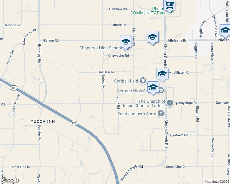 map of restaurants, bars, coffee shops, grocery stores, and more near 8925 Yuba Road in Phelan
