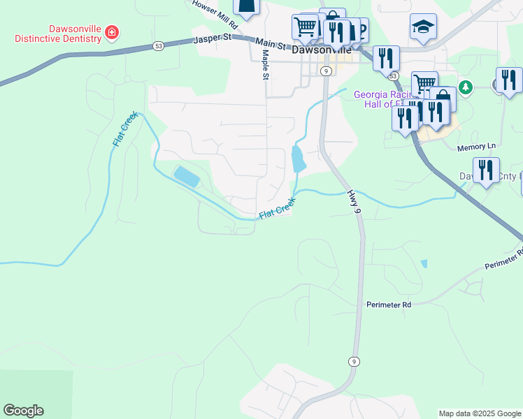 map of restaurants, bars, coffee shops, grocery stores, and more near 272 Pearl Chambers Drive in Dawsonville