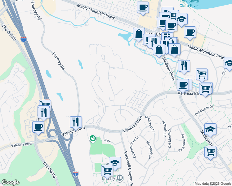 map of restaurants, bars, coffee shops, grocery stores, and more near 26910 Mirasol Street in Santa Clarita