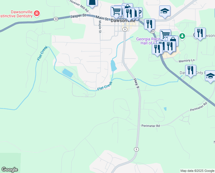 map of restaurants, bars, coffee shops, grocery stores, and more near 93 Southwest Border Avenue in Dawsonville