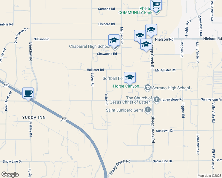 map of restaurants, bars, coffee shops, grocery stores, and more near 8925 Yuba Road in Phelan