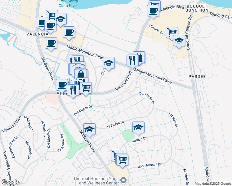 map of restaurants, bars, coffee shops, grocery stores, and more near 23838 Valencia Boulevard in Santa Clarita