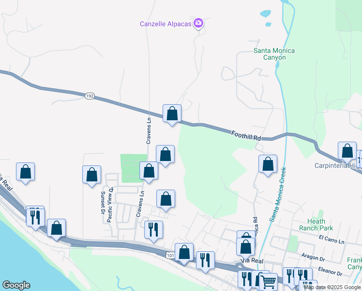map of restaurants, bars, coffee shops, grocery stores, and more near 4085 Foothill Road in Carpinteria