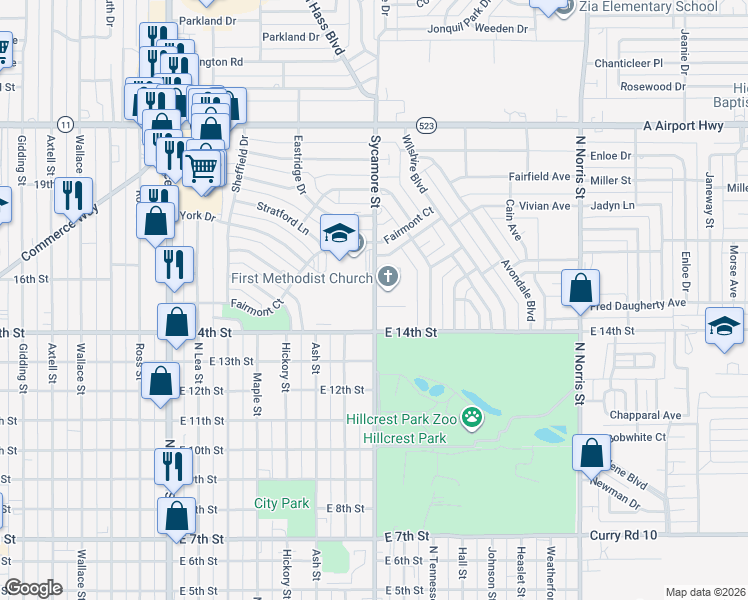 map of restaurants, bars, coffee shops, grocery stores, and more near 1500 Sycamore Street in Clovis