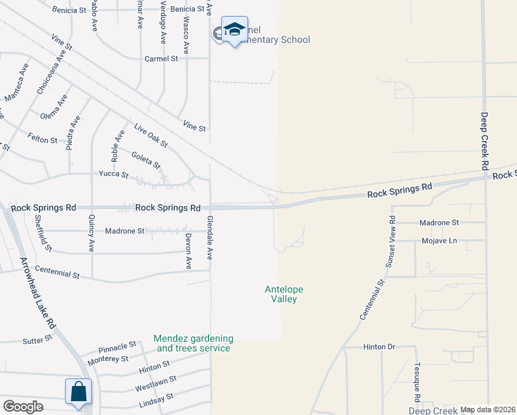 map of restaurants, bars, coffee shops, grocery stores, and more near 19649 Rocksprings Road in Hesperia