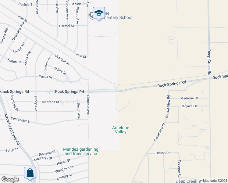 map of restaurants, bars, coffee shops, grocery stores, and more near 19649 Rock Springs Road in Hesperia