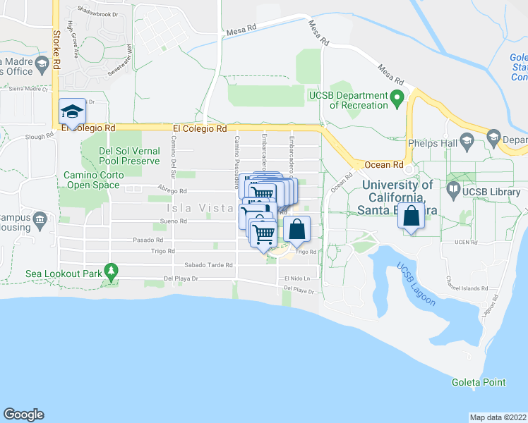 map of restaurants, bars, coffee shops, grocery stores, and more near 901 Embarcadero del Mar in Goleta