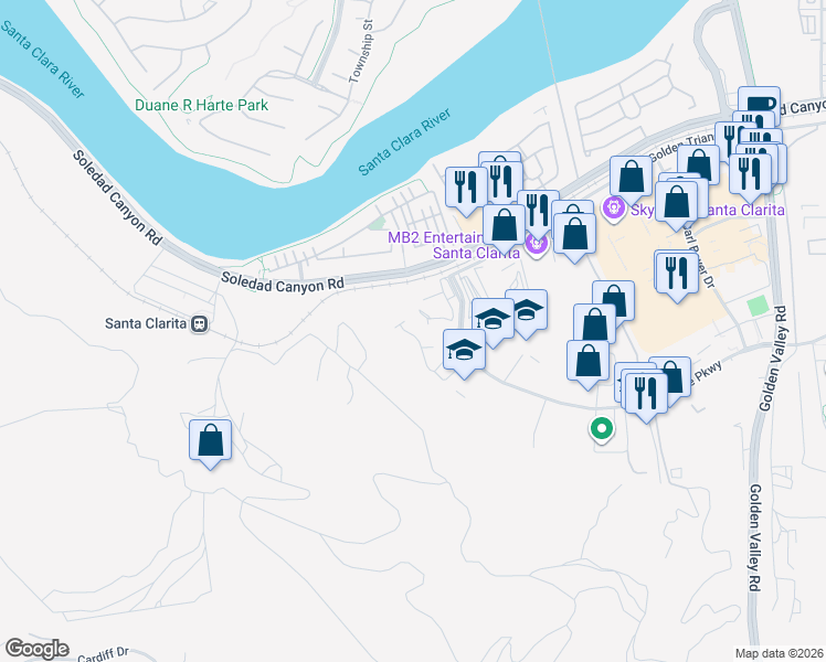 map of restaurants, bars, coffee shops, grocery stores, and more near 26146 Gravett Place in Santa Clarita