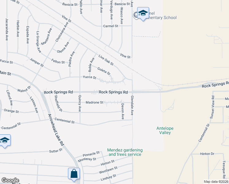 map of restaurants, bars, coffee shops, grocery stores, and more near Rock Springs Road in Hesperia