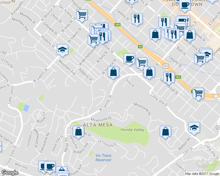 map of restaurants, bars, coffee shops, grocery stores, and more near 925 West Anapamu Street in Santa Barbara