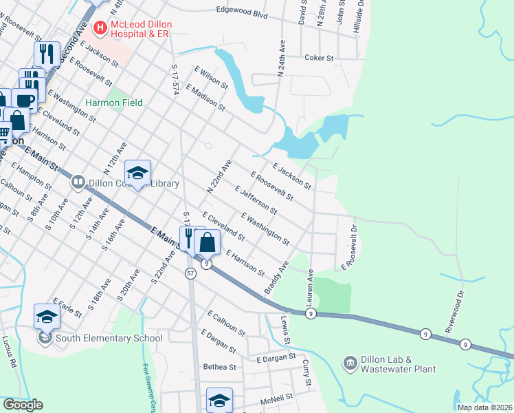 map of restaurants, bars, coffee shops, grocery stores, and more near 1312 East Jefferson Street in Dillon