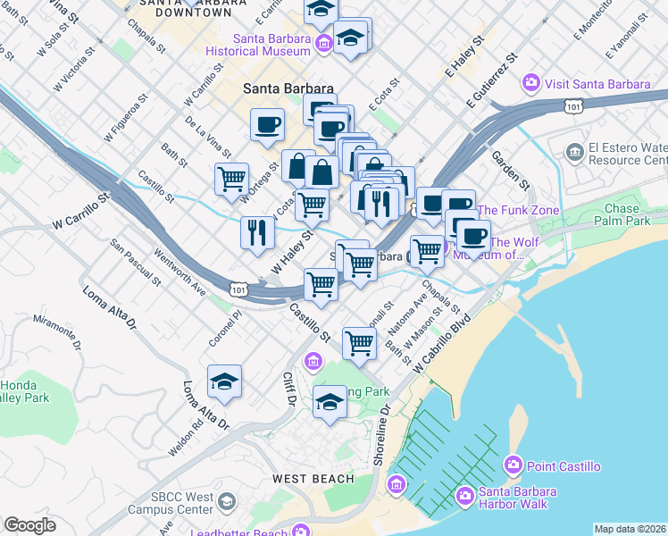 map of restaurants, bars, coffee shops, grocery stores, and more near 217 West Gutierrez Street in Santa Barbara