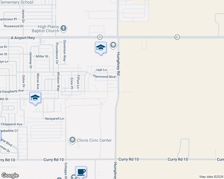 map of restaurants, bars, coffee shops, grocery stores, and more near 3016 Fred Daugherty Avenue in Clovis