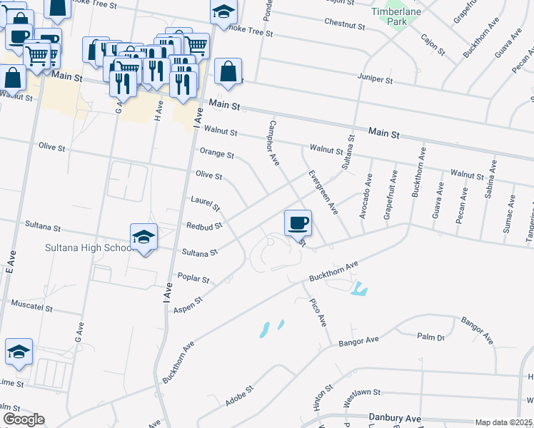 map of restaurants, bars, coffee shops, grocery stores, and more near 17608 Sultana Street in Hesperia