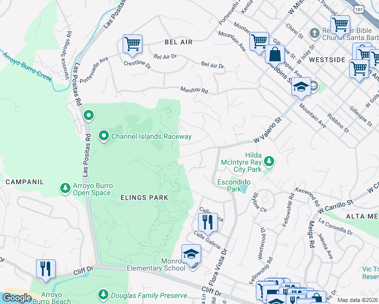 map of restaurants, bars, coffee shops, grocery stores, and more near 1550 West Valerio Street in Santa Barbara