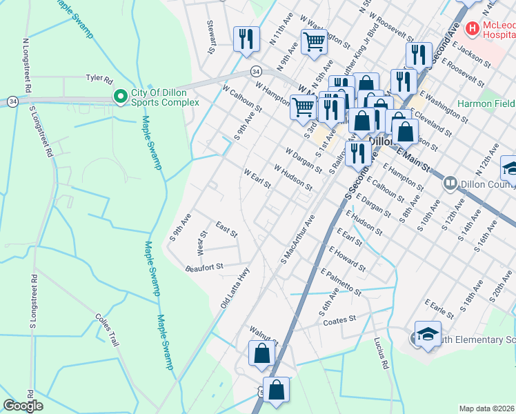 map of restaurants, bars, coffee shops, grocery stores, and more near 205 West Howard Street in Dillon