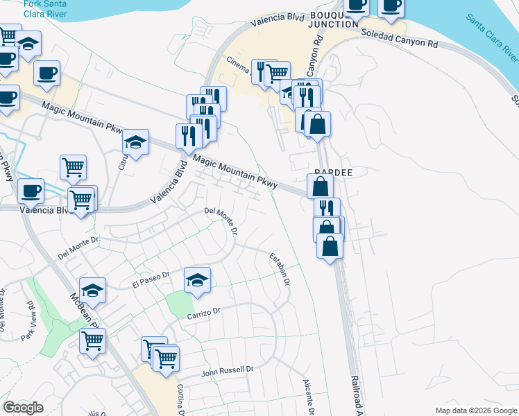 map of restaurants, bars, coffee shops, grocery stores, and more near 23419 Gaucho Court in Santa Clarita