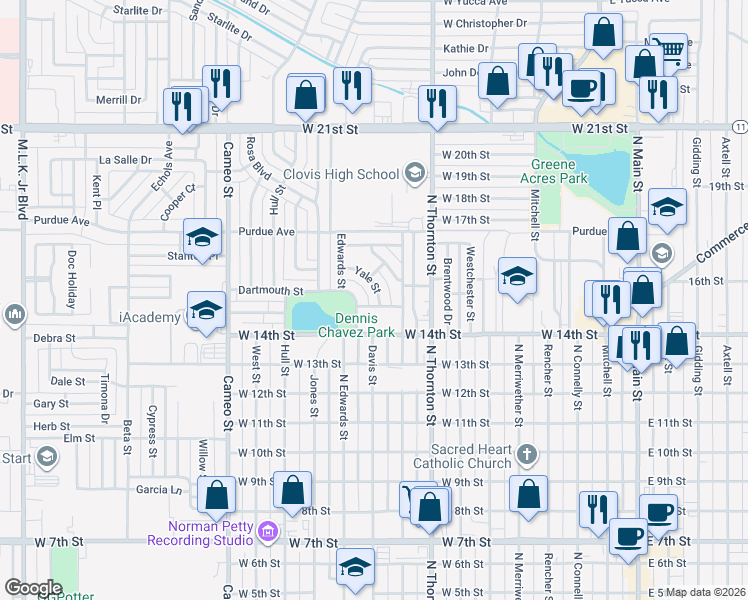 map of restaurants, bars, coffee shops, grocery stores, and more near 100 Yale Street in Clovis