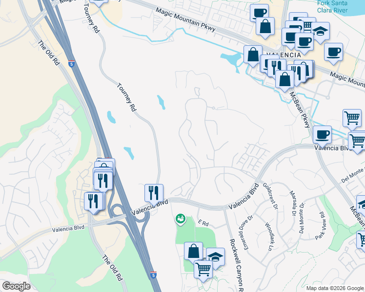 map of restaurants, bars, coffee shops, grocery stores, and more near 26907 Woodlands Drive in Santa Clarita
