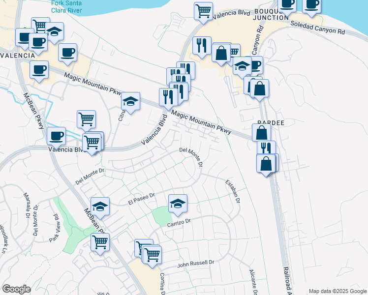 map of restaurants, bars, coffee shops, grocery stores, and more near 26103 Galvez Court in Santa Clarita