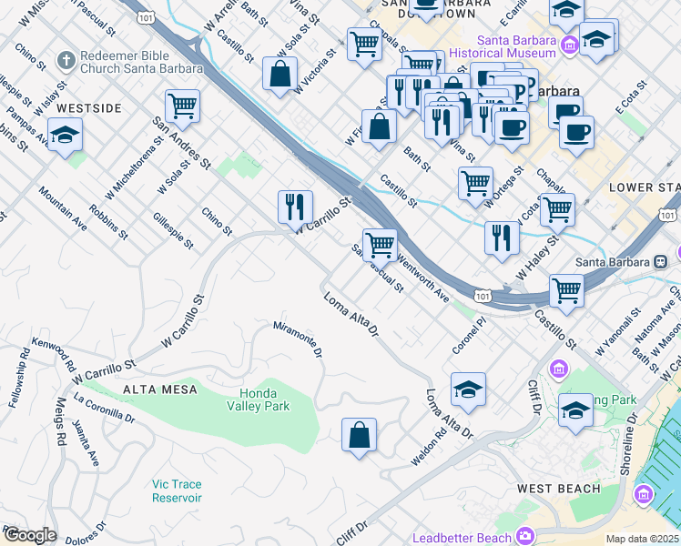 map of restaurants, bars, coffee shops, grocery stores, and more near 625 Del Monte Avenue in Santa Barbara