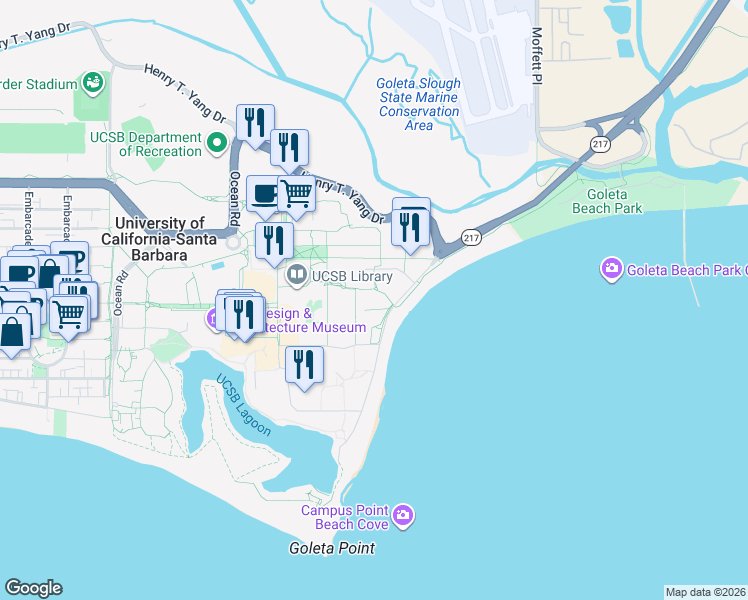 map of restaurants, bars, coffee shops, grocery stores, and more near in Isla Vista