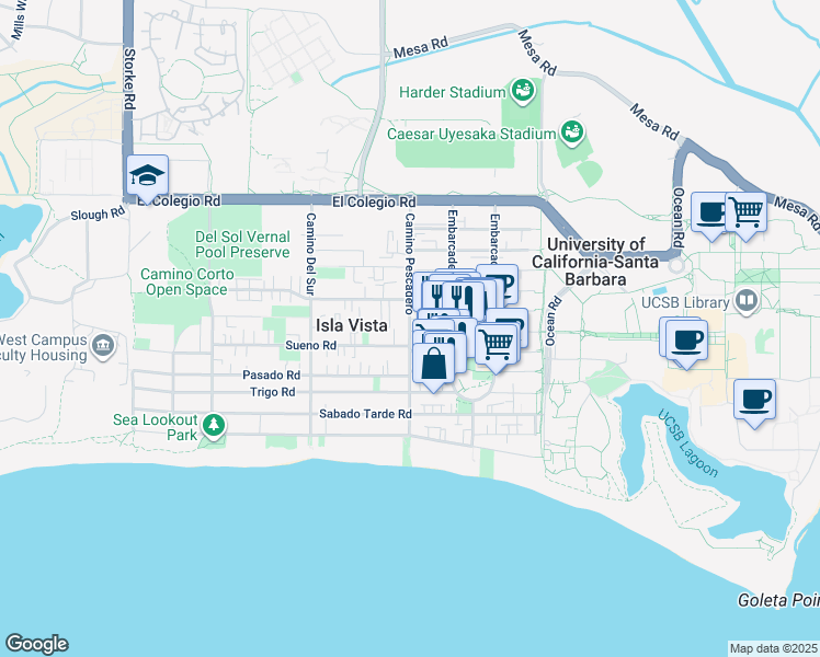 map of restaurants, bars, coffee shops, grocery stores, and more near 6608 Sueno Road in Goleta