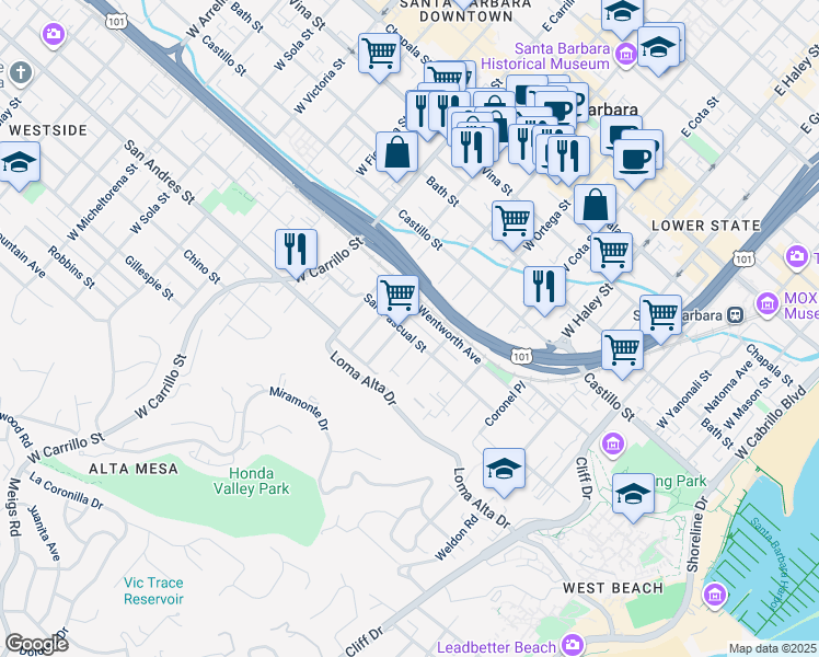map of restaurants, bars, coffee shops, grocery stores, and more near 730 San Pascual Street in Santa Barbara