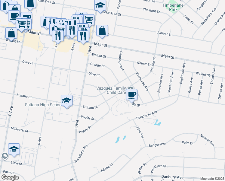 map of restaurants, bars, coffee shops, grocery stores, and more near 17535 Redbud Street in Hesperia