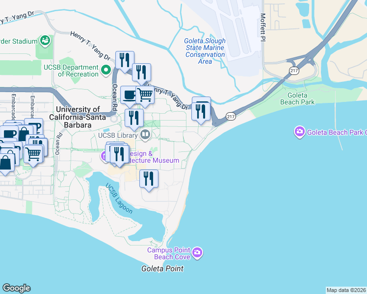 map of restaurants, bars, coffee shops, grocery stores, and more near 2400 University of California in Santa Barbara