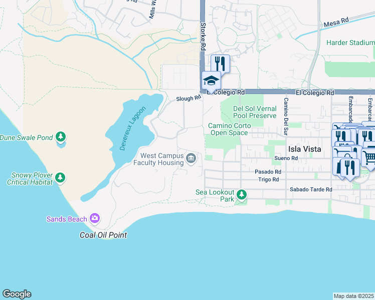 map of restaurants, bars, coffee shops, grocery stores, and more near West Campus Lane in Isla Vista