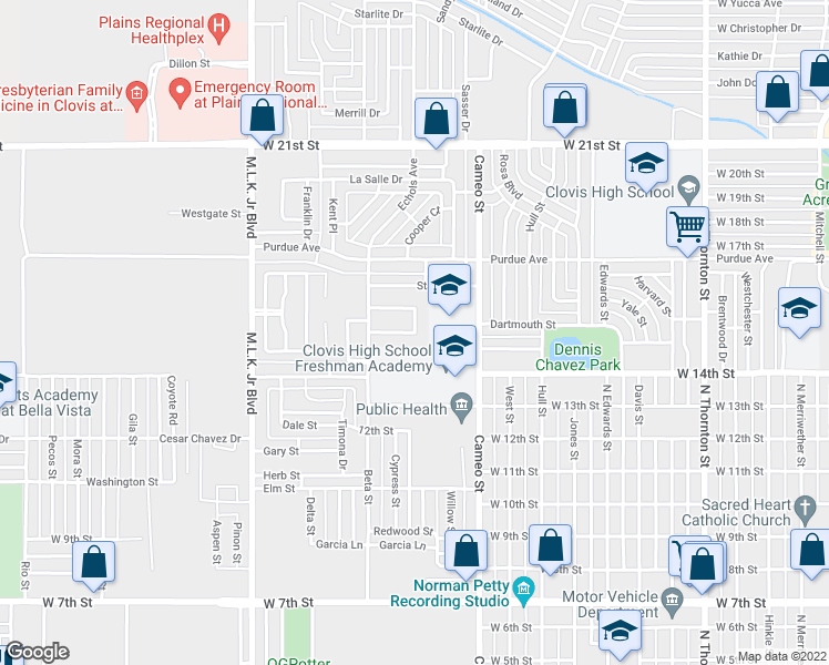 map of restaurants, bars, coffee shops, grocery stores, and more near Sombrero Road in Clovis