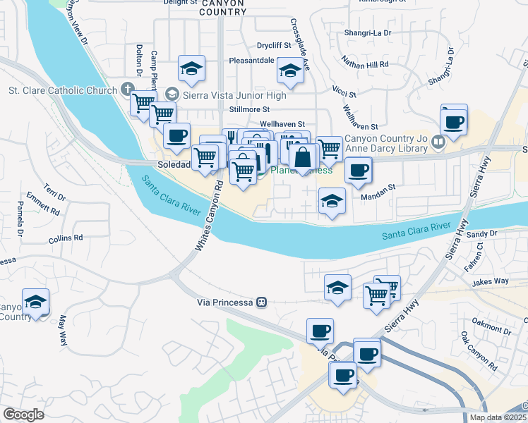 map of restaurants, bars, coffee shops, grocery stores, and more near 27077 Hidaway Avenue in Santa Clarita