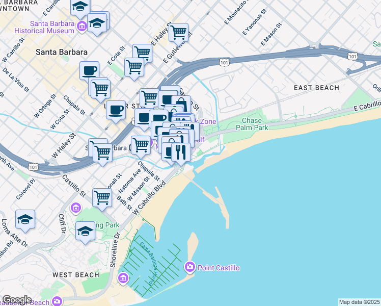 map of restaurants, bars, coffee shops, grocery stores, and more near 2 Anacapa Street in Santa Barbara