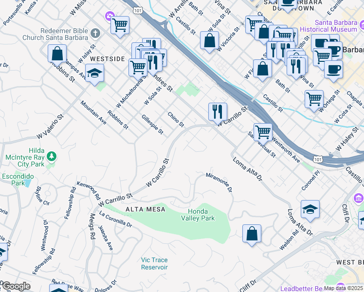 map of restaurants, bars, coffee shops, grocery stores, and more near 828 West Figueroa Street in Santa Barbara